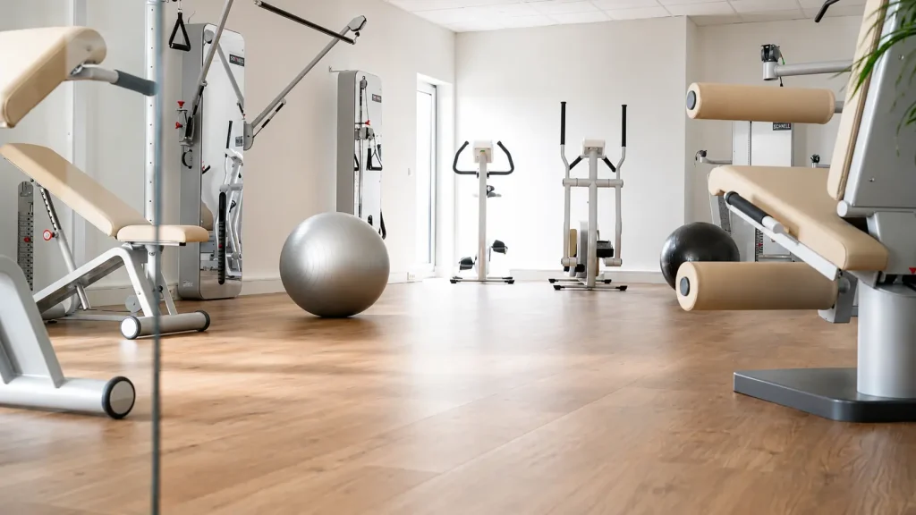Moderner Trainingsraum einer Physiotherapiepraxis mit professionellen Fitness- und Therapiegeräten
