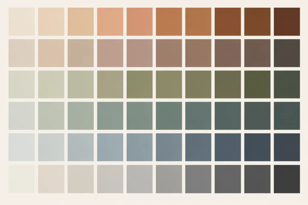 Natürliche Farbpalette mit Beige-, Erd-, Grün-, Blau- und Grautönen für harmonische Fotoshootings