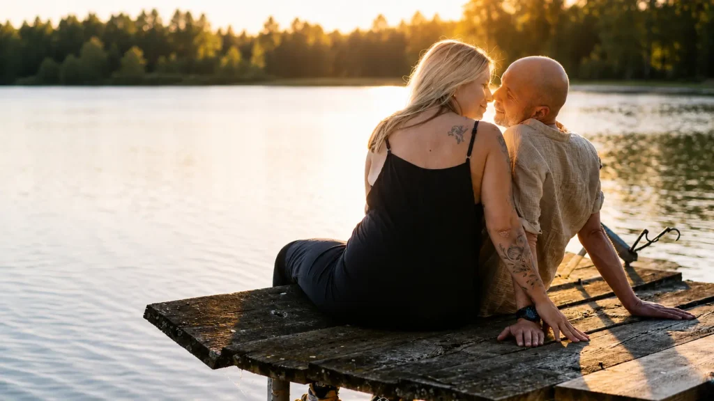 Romantisches Paarshooting am See bei Sonnenuntergang mit natürlichen und emotionalen Momenten