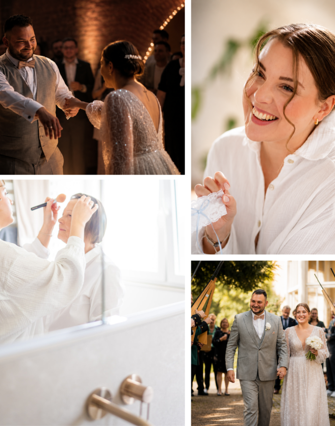 Hochzeitsmomente: Brautkleid, Lächeln, Vorbereitung, Zeremonie und Feierlichkeiten.