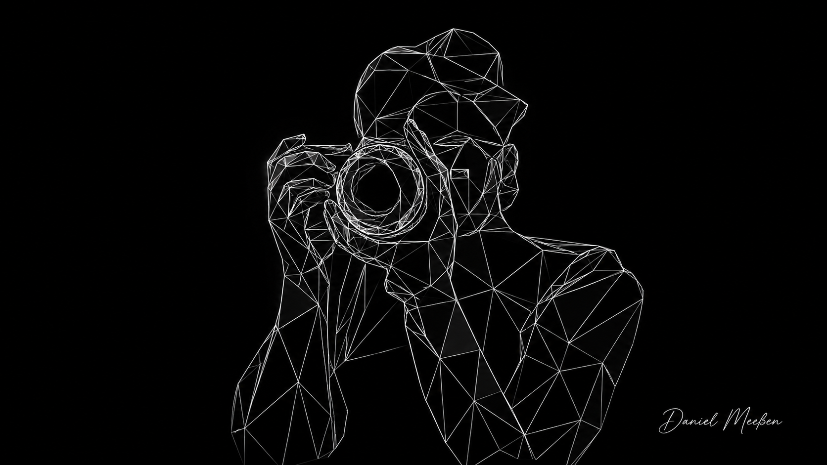 Ein minimalistisches, drahtgemustertes Portrait einer Person mit Kamera.