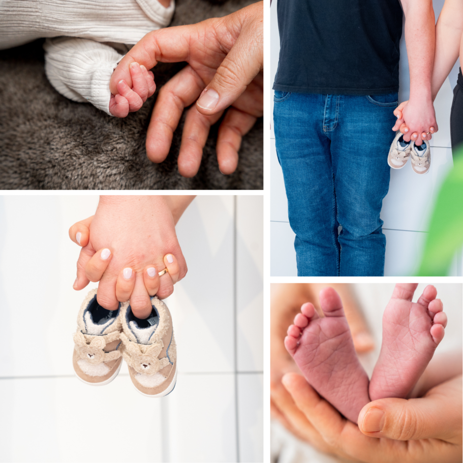 Hände halten Babyschuhe, Füße von Babys und Erwachsenen, Verbindung von Generationen.
