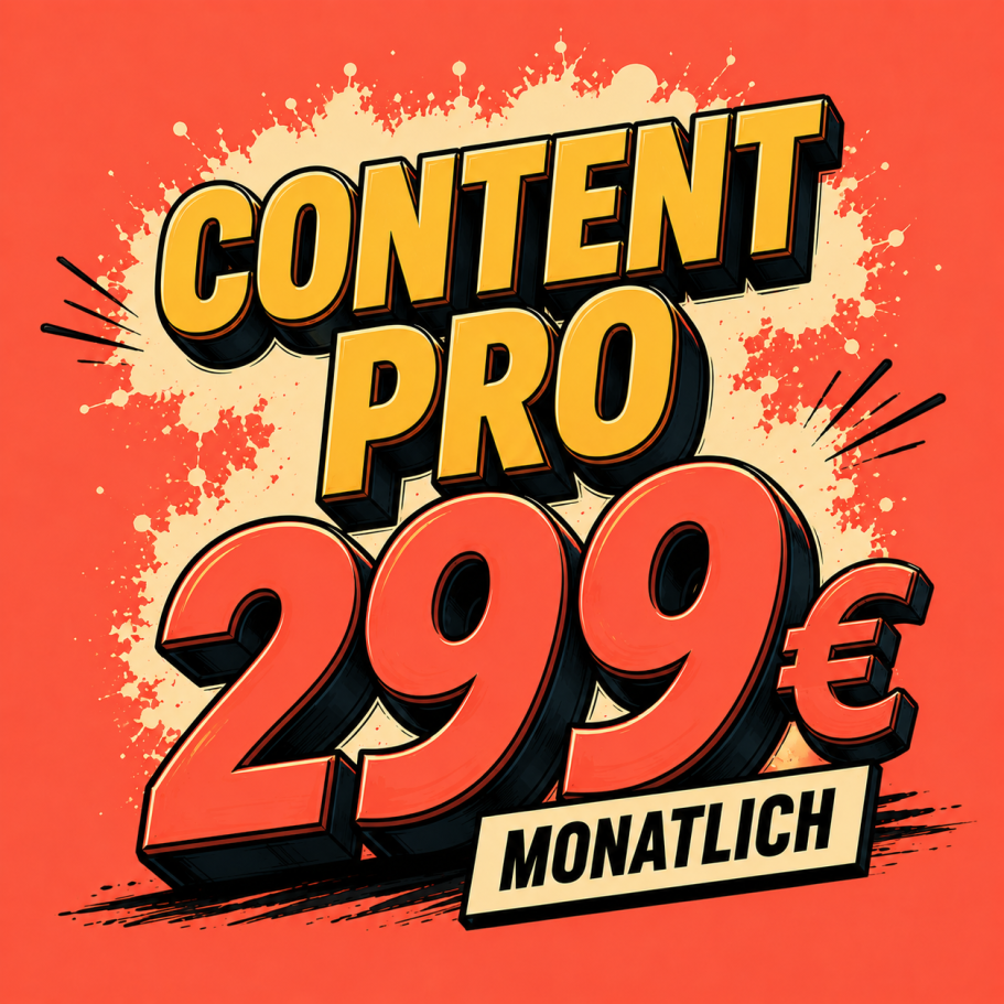 Logo für "Content Pro" mit monatlichem Preis von 299 € auf rotem Hintergrund.