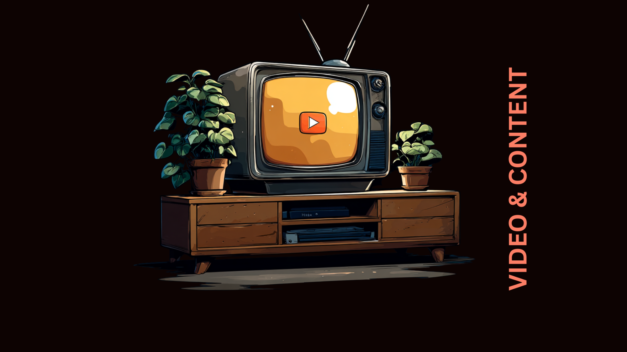 Ein retro Fernseher auf einem Holztisch mit Pflanzen, daneben der Text "VIDEO & CONTENT".
