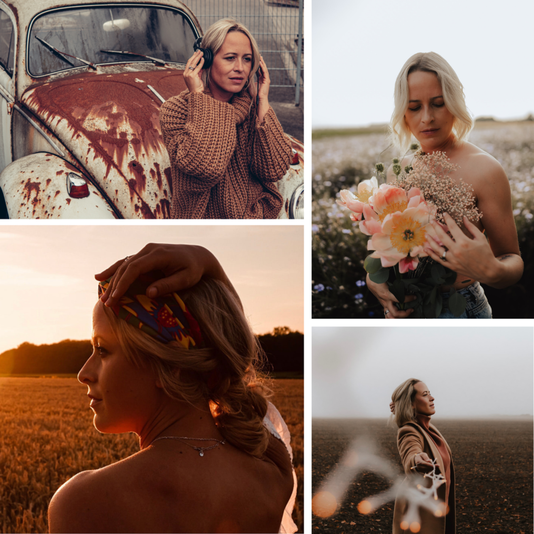 Kollage von Frauen in verschiedenen Szenen: Natur, Blumen, alte Autos und Sonnenuntergang.