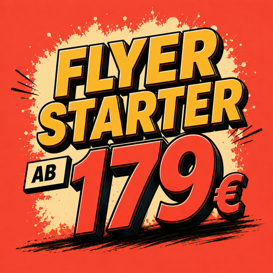 Flyer Starter ab 179 € auf leuchtend rotem Hintergrund.