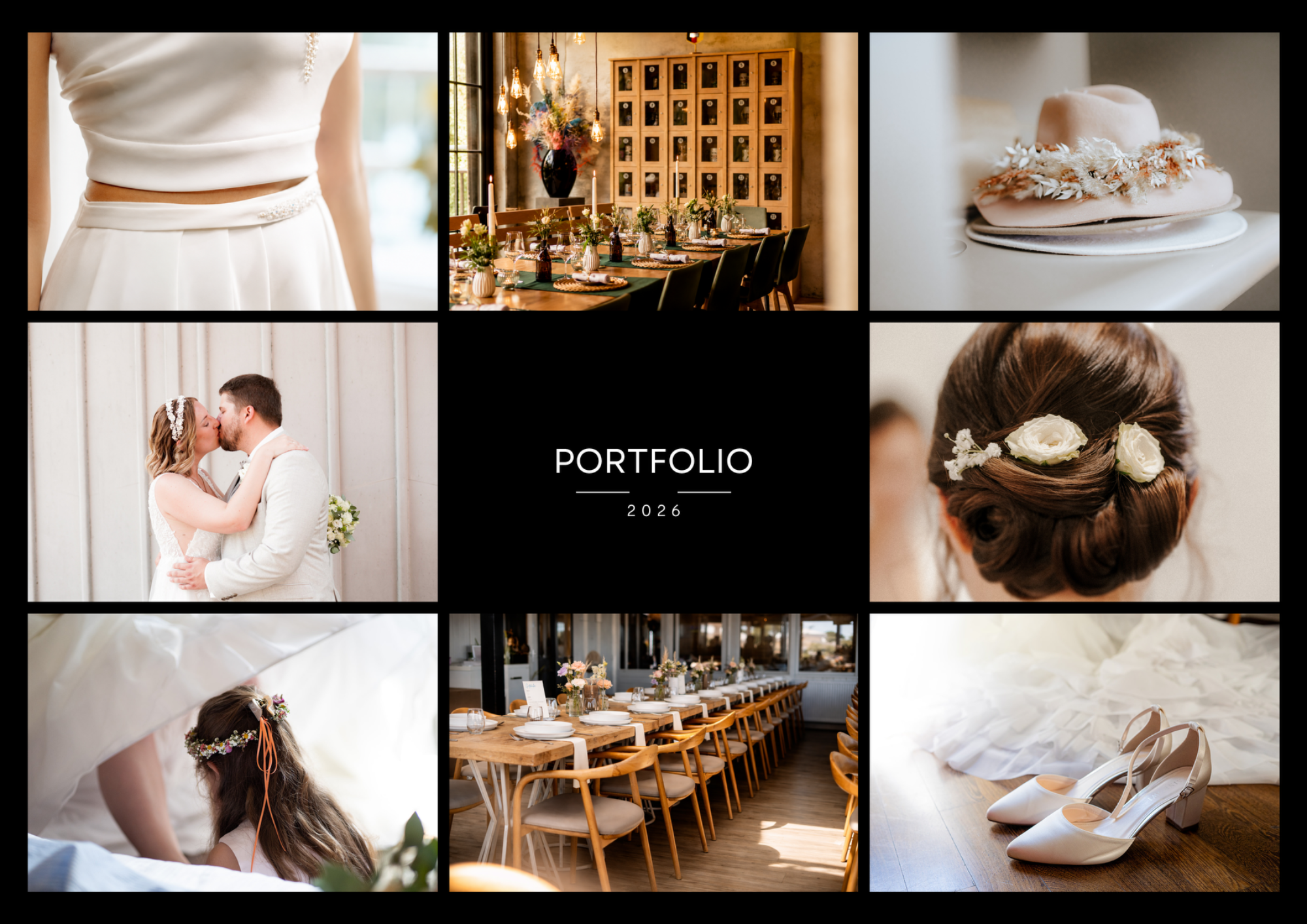 Collage von Hochzeitsdetails: kleid, tischdeko, frisuren und glückliches Paar.
