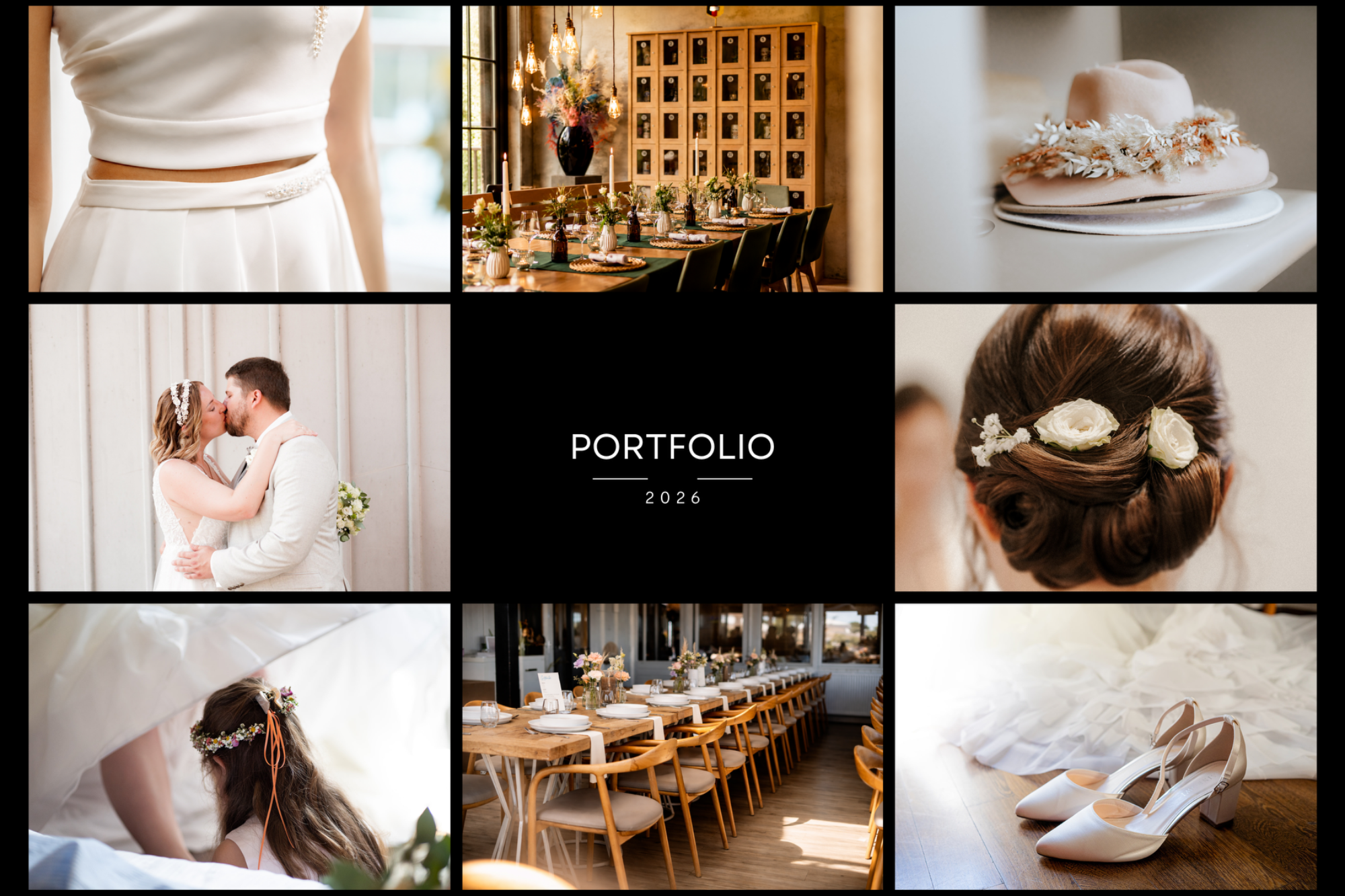 Hochzeitsportfolio mit Brautkleidung, Details und feierlicher Dekoration.