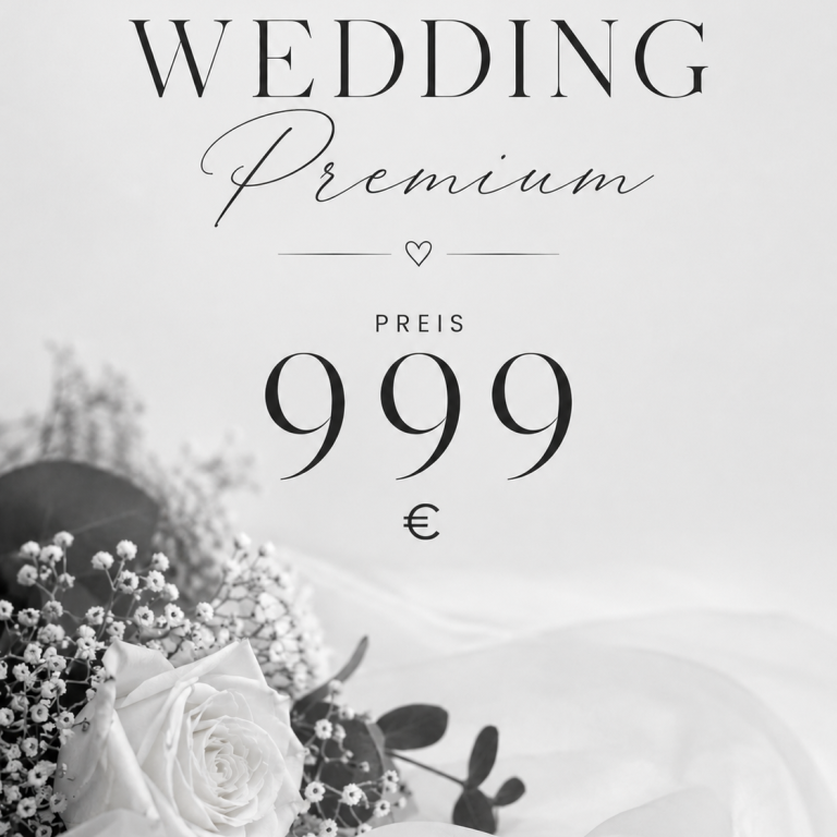 Brautstrauß und Preisangabe für Premium-Hochzeitsangebot: 999 €.