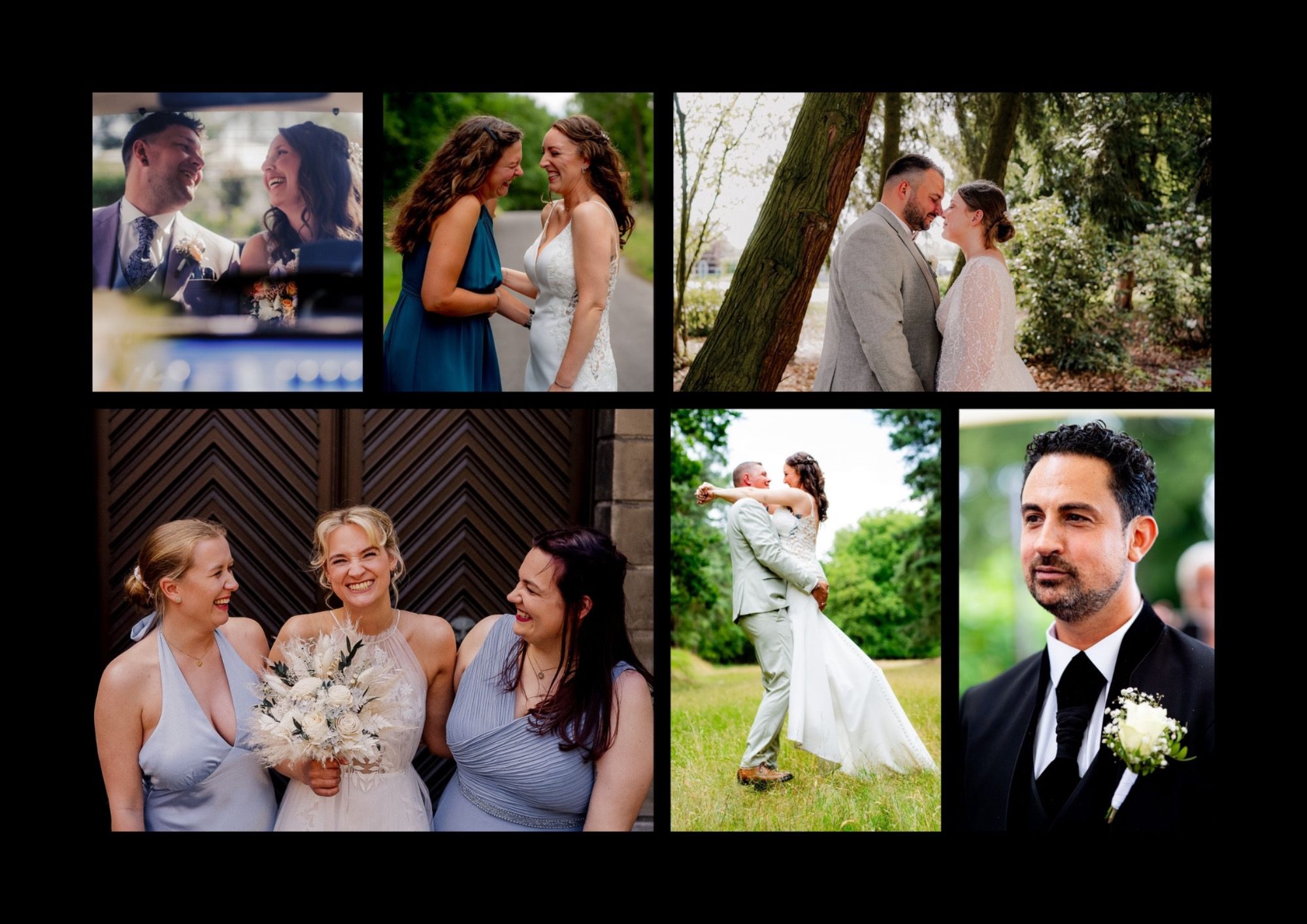 Collage von Hochzeitsmomenten, einschließlich Paaren, Gästen und Feierlichkeiten.