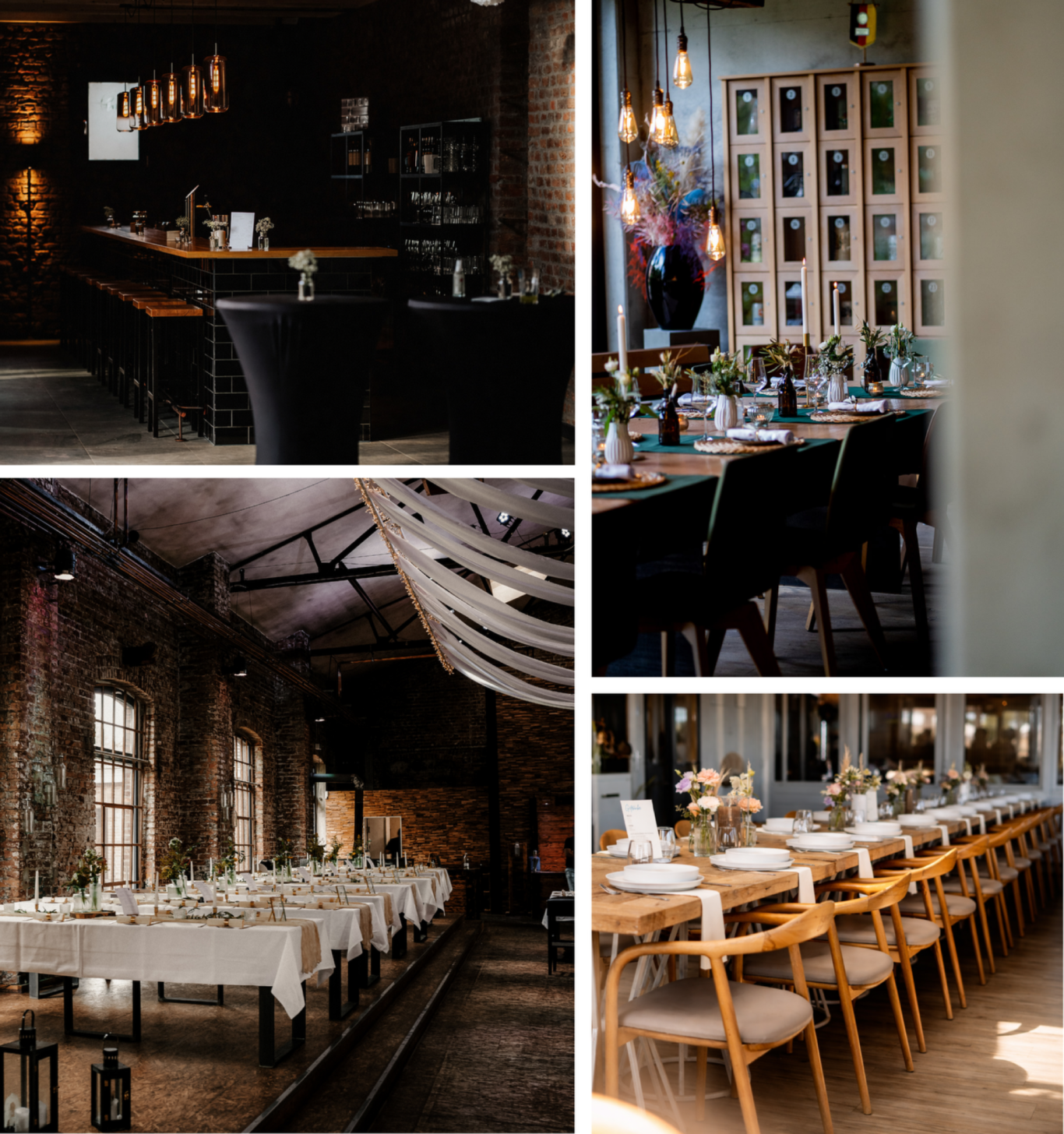 Elegante Restaurant-Interieurs mit Tischen, Stühlen und stimmungsvollem Licht.