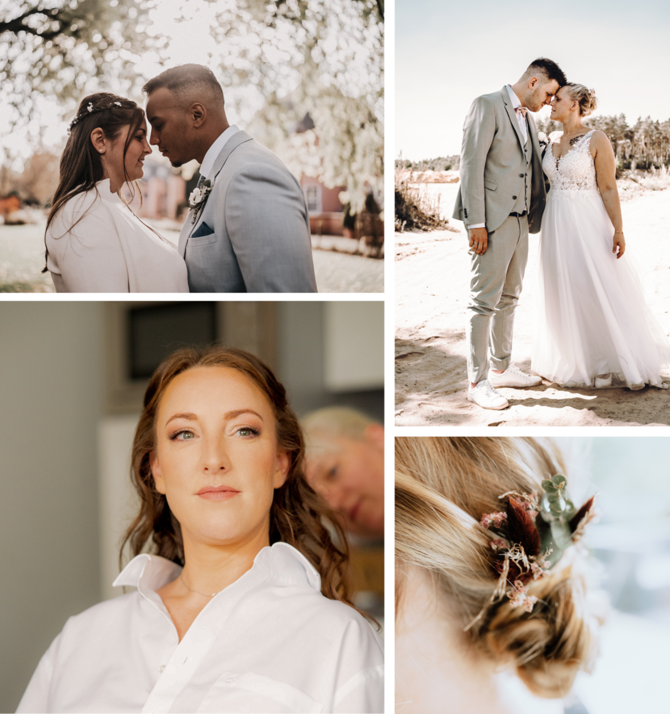 Hochzeitsfotos: Paare beim Austausch von Zuneigung und Brautporträt mit Haarschmuck.