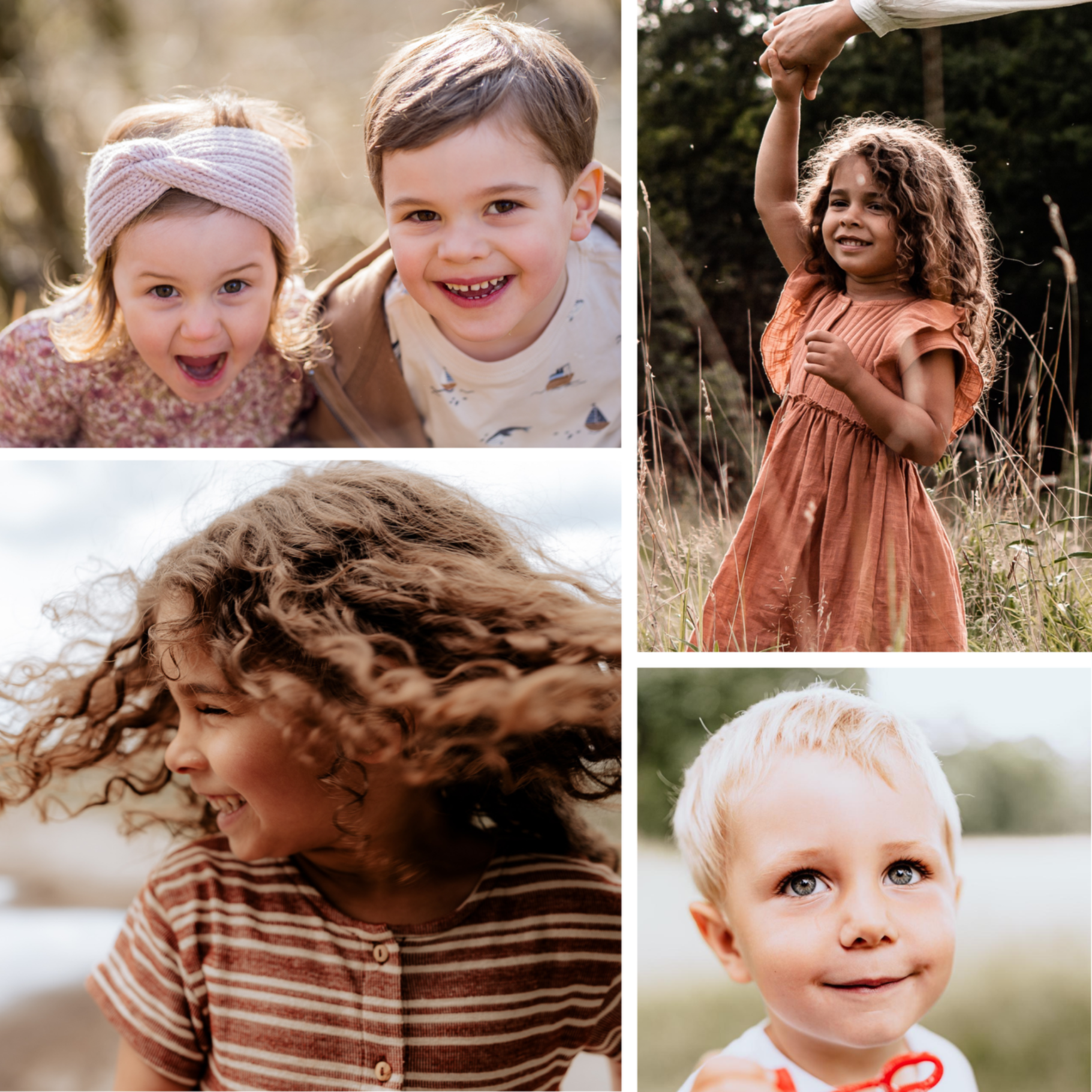 Vier Kinder in verschiedenen Posen und Outfits, lächelnd und in der Natur.