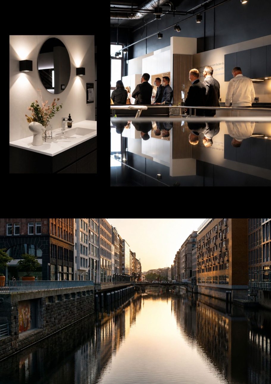 Moderne Küchenumgebung mit eleganter Einrichtung und Stadtansicht am Wasser.