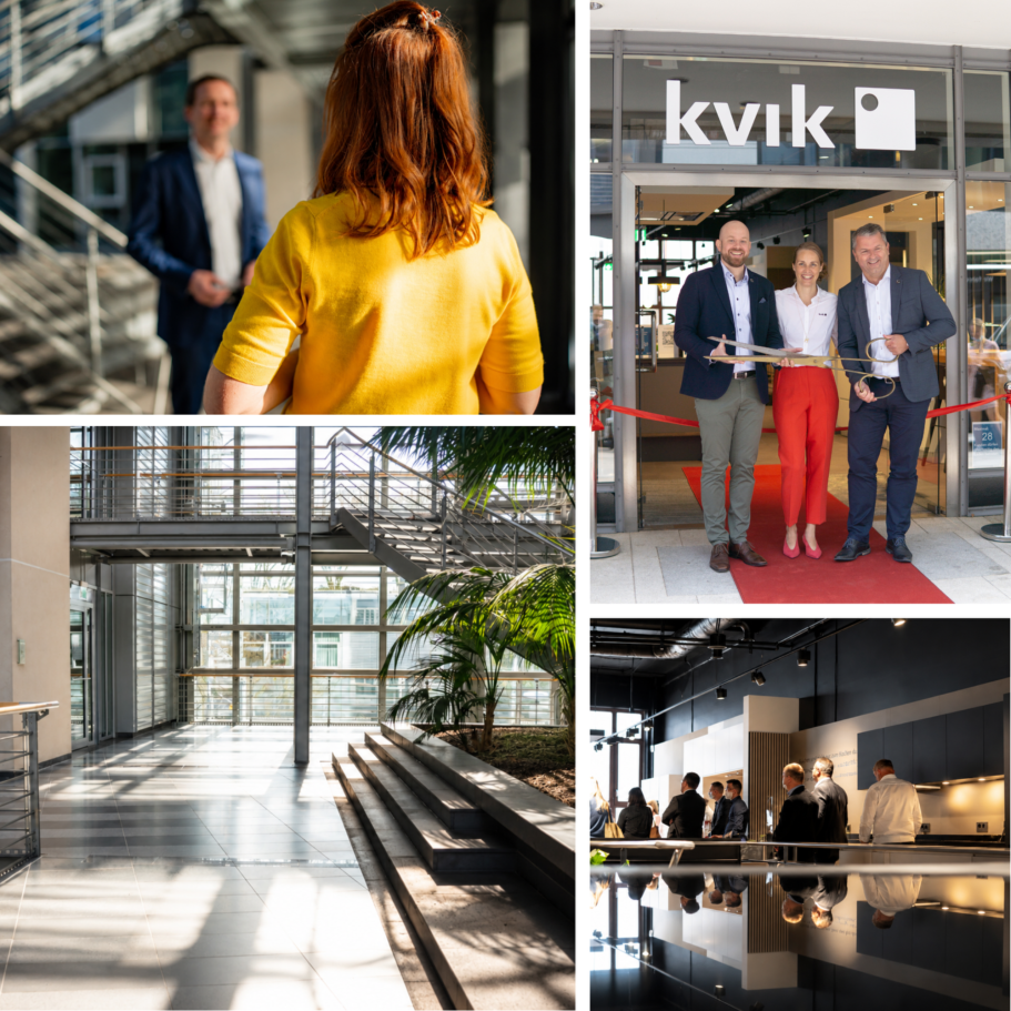 Moderne Büroetage mit Personen vor Eingang, Treppen und Glasarchitektur.
