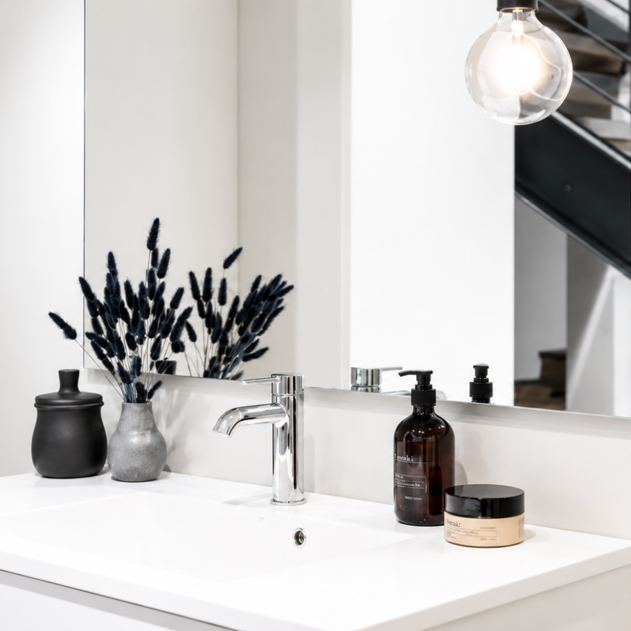Moderne Waschbecken mit Pflegeprodukten, Pflanzen und stilvoller Beleuchtung.