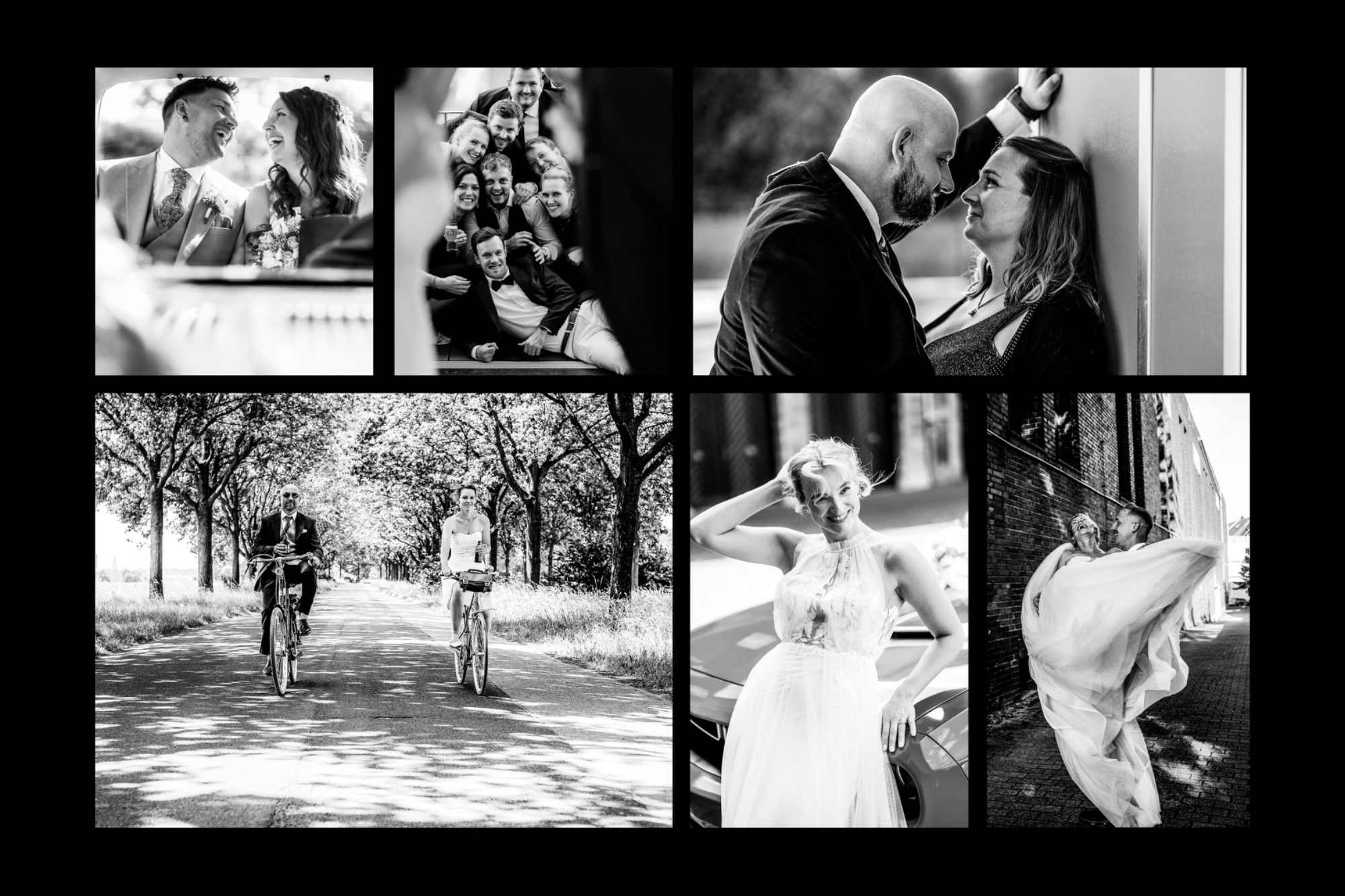 Eine Collage mit verschiedenen Hochzeitsmomenten in Schwarz-Weiß.