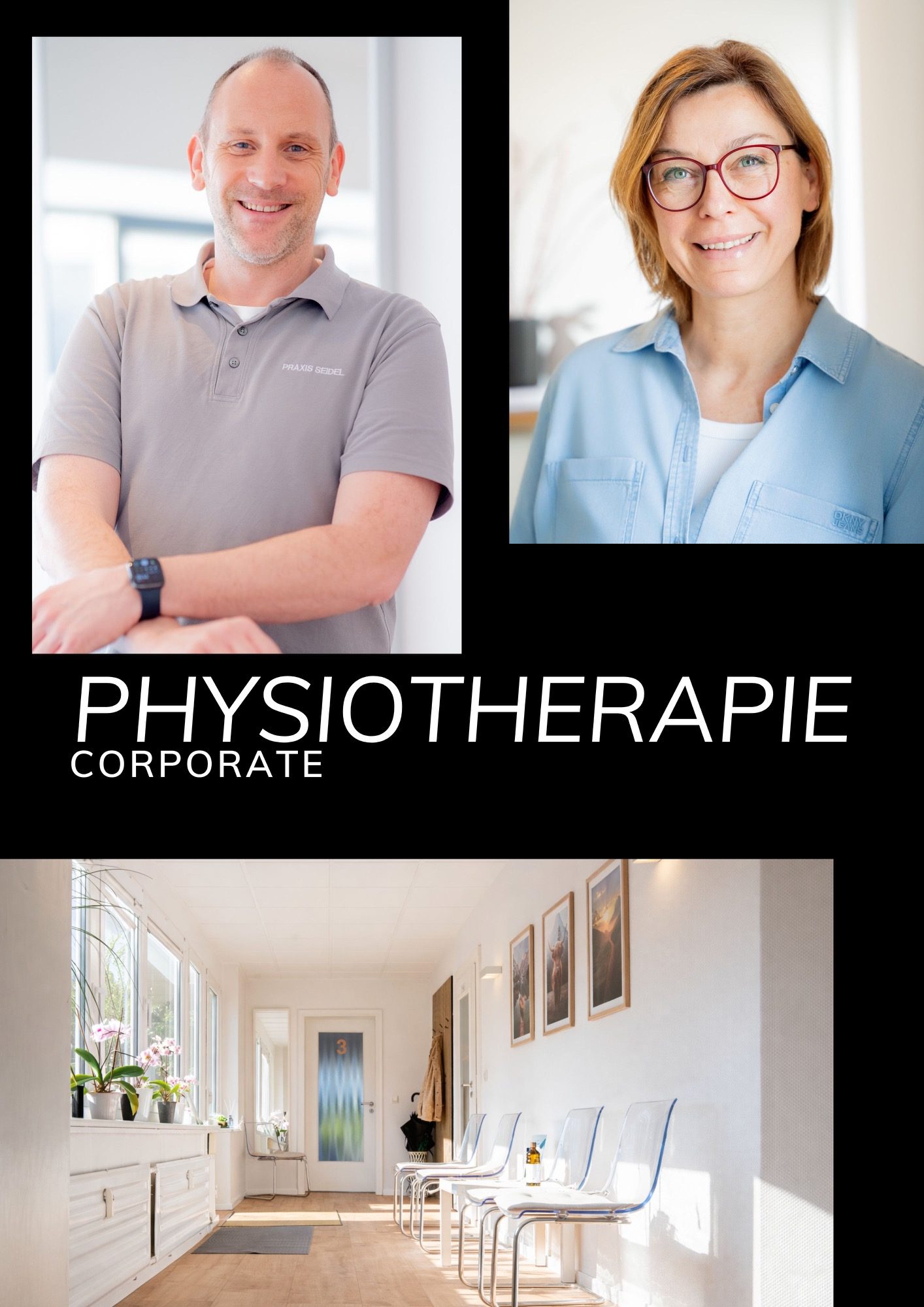 Ein Physiotherapeut und eine Physiotherapeutin in einem modernen Behandlungsraum.