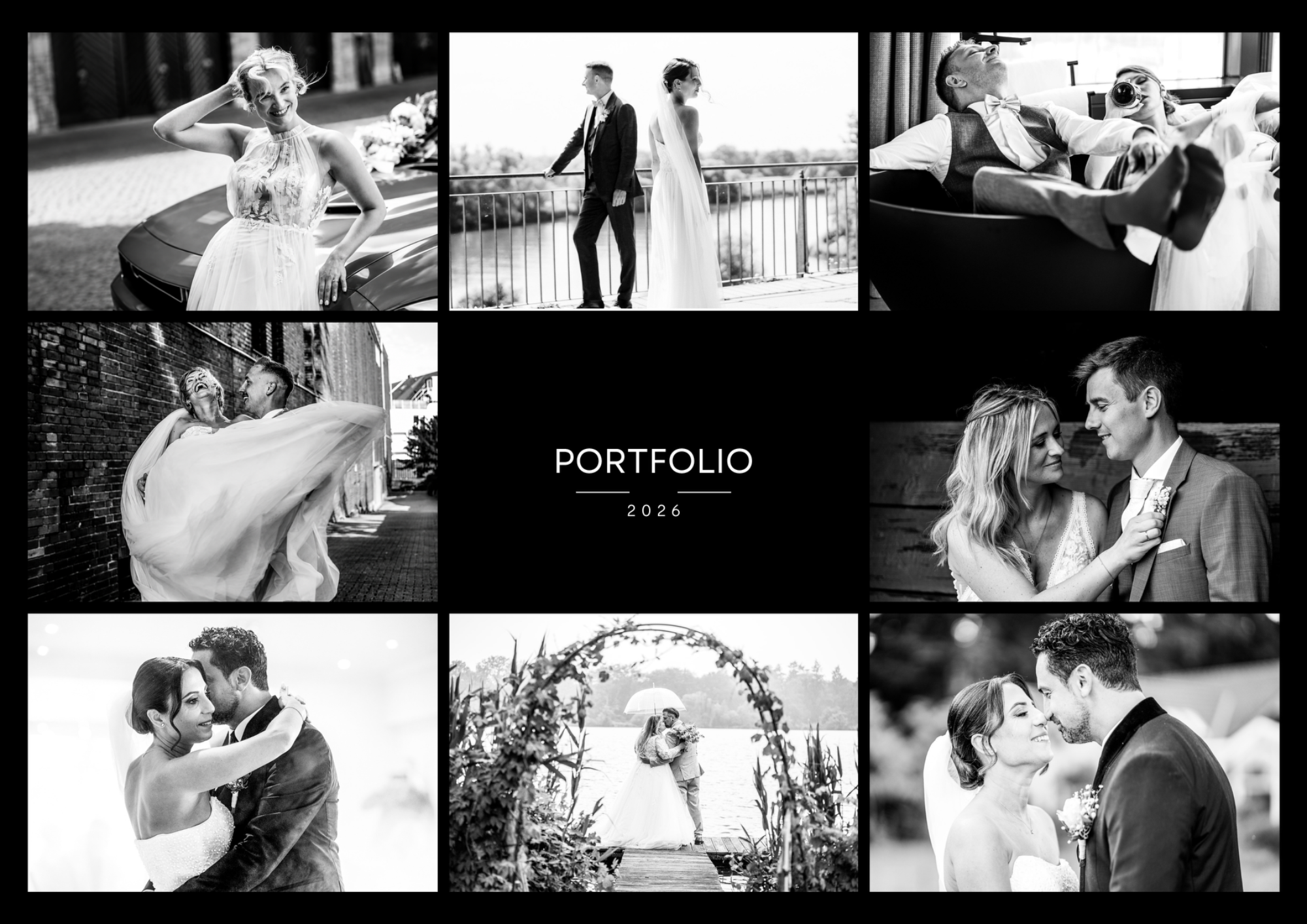 Eine Collage von Hochzeitsfotos in Schwarzweiß mit verschiedenen Paaren und Momenten.