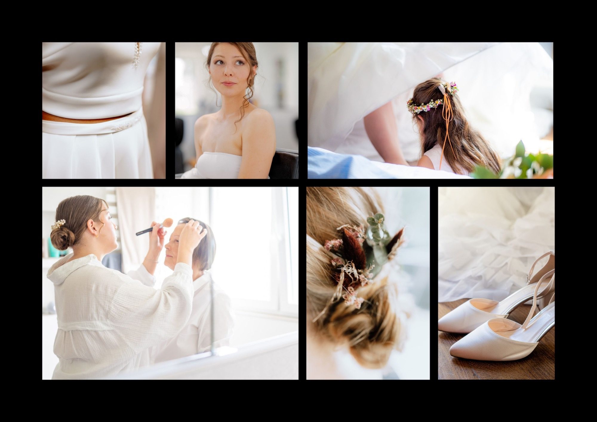 Hochzeitsvorbereitungen mit Braut, Friseur und Brautschuhe in einem Collagenlayout.