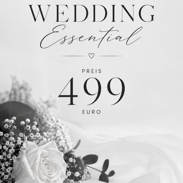 Hochzeitsangebot mit Preis 499 Euro und Blumenarrangement.