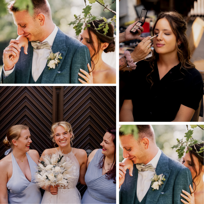 Hochzeitsvorbereitungen mit Braut, Bräutigam und ihren Begleitern. Blumenarrangement sichtbar.
