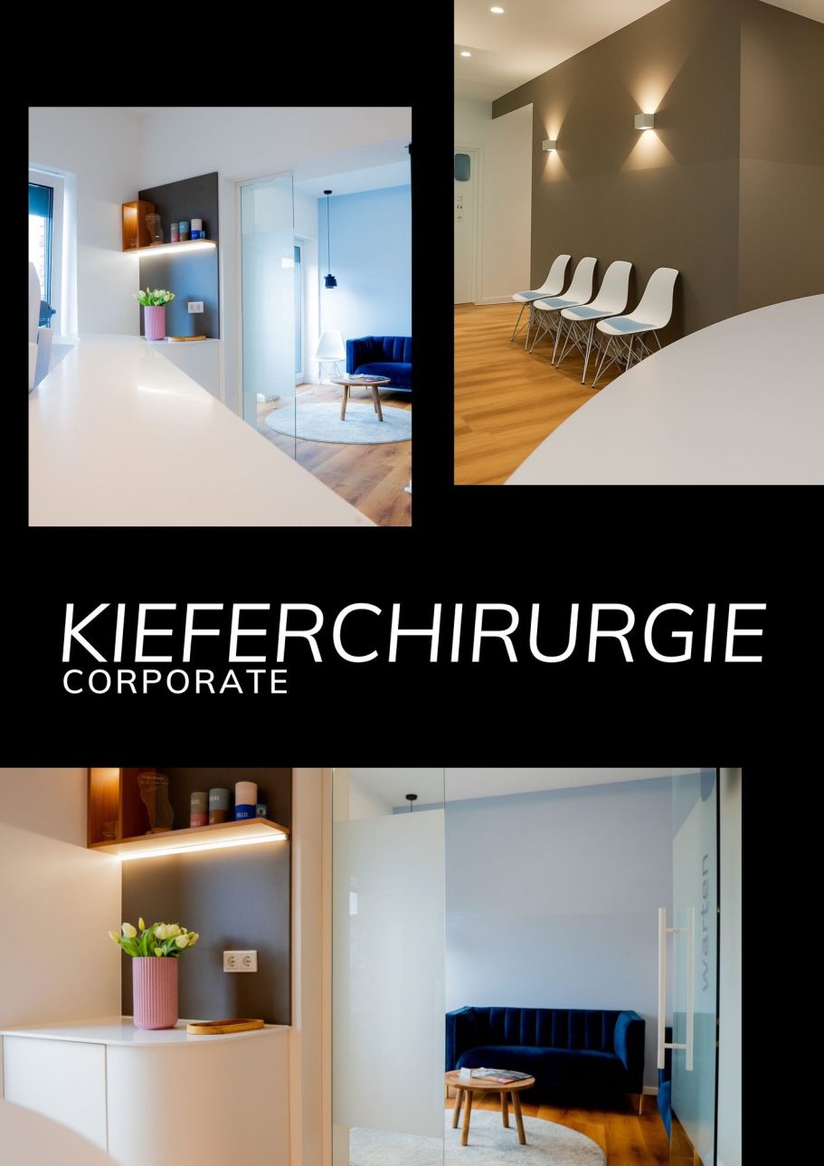 Moderne Zahnarztpraxis mit Empfangsbereich und Wartezimmer für Kieferchirurgie.