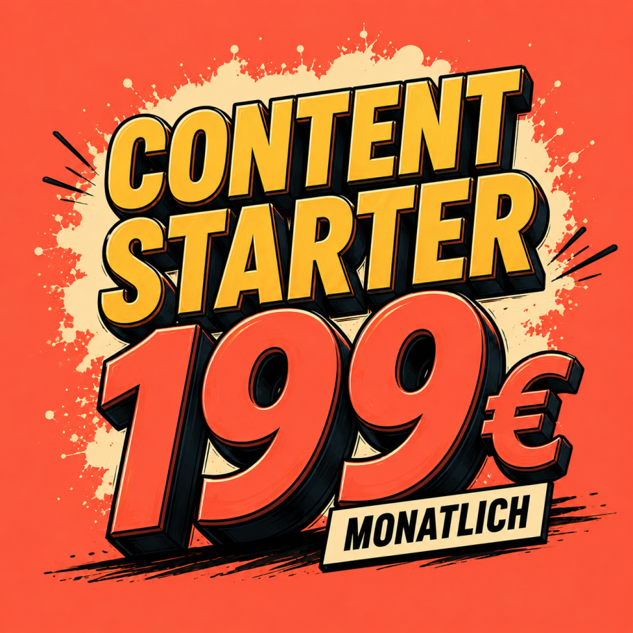 Text in Bold: "CONTENT STARTER 199 € MONATLICH" auf rotem Hintergrund.