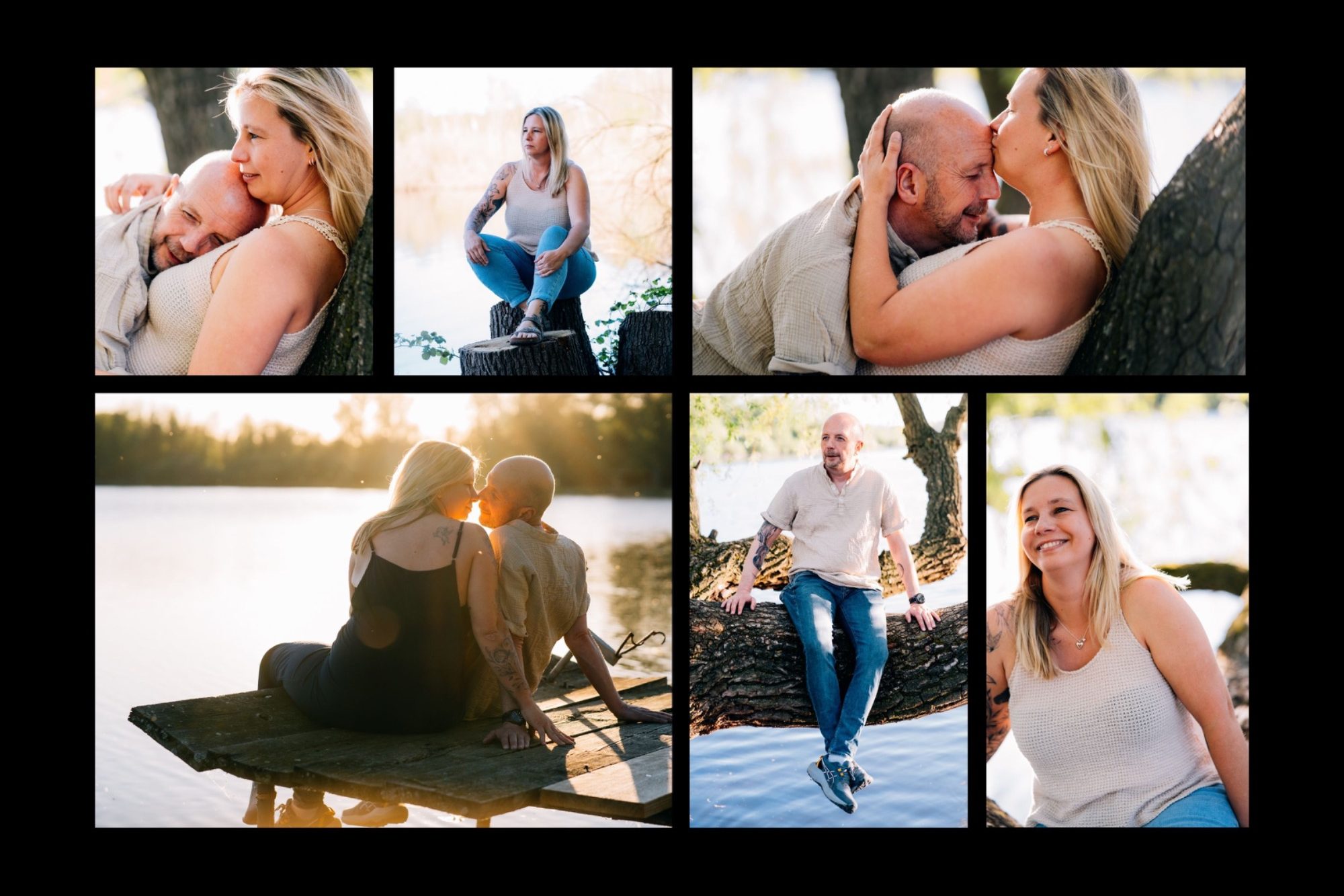 Eine Collage mit Paaren, die am Wasser entspannen und intime Momente teilen.