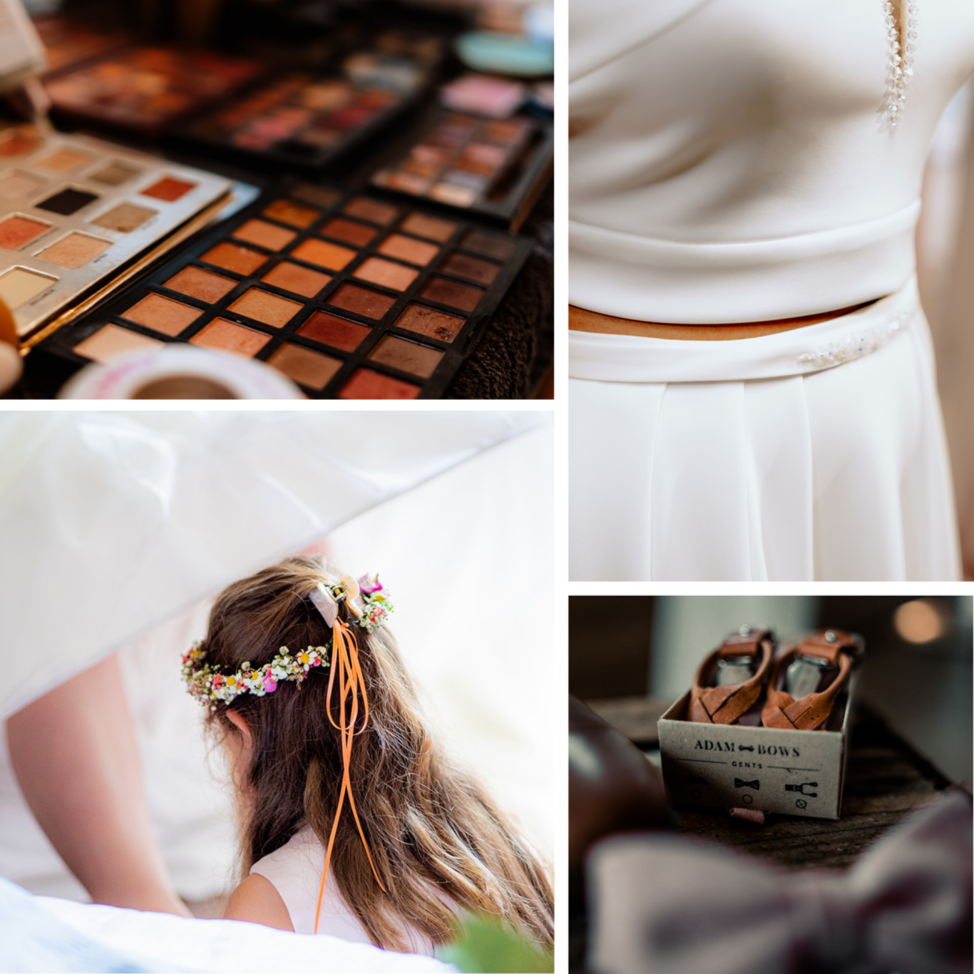 Elegante Makeup-Palette, weiße Kleidung, Blumenkranz und Schuhe auf einer Tischdecke.
