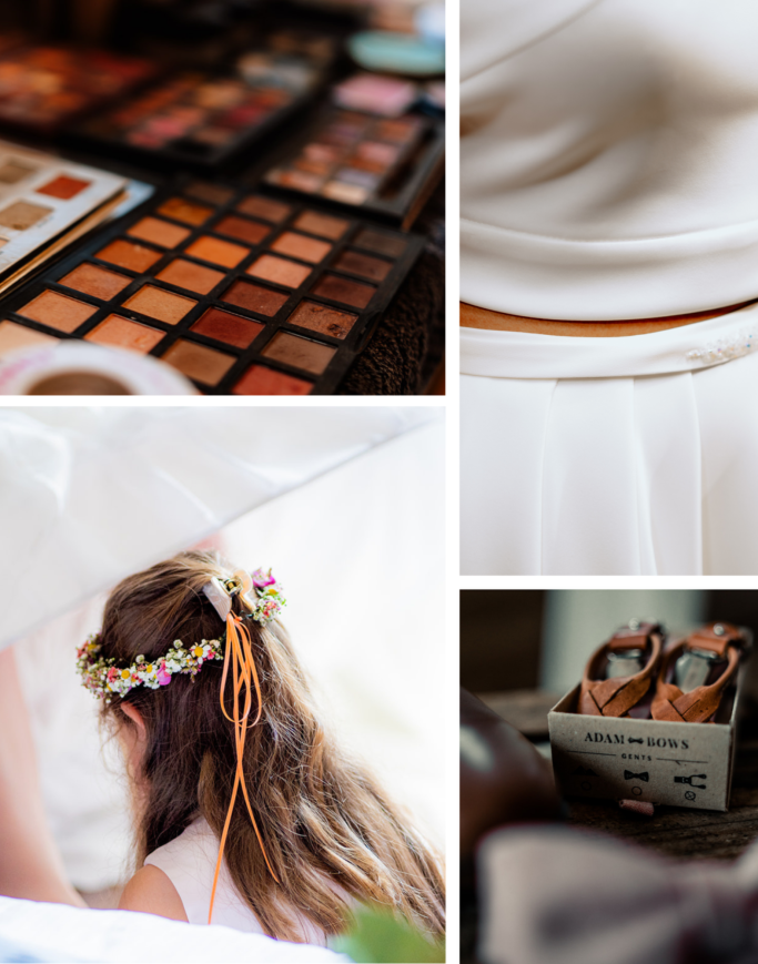 Make-up-Palette, Brautkleid, Blumenkranz, Brautschuhe in einer stilvollen Collage.