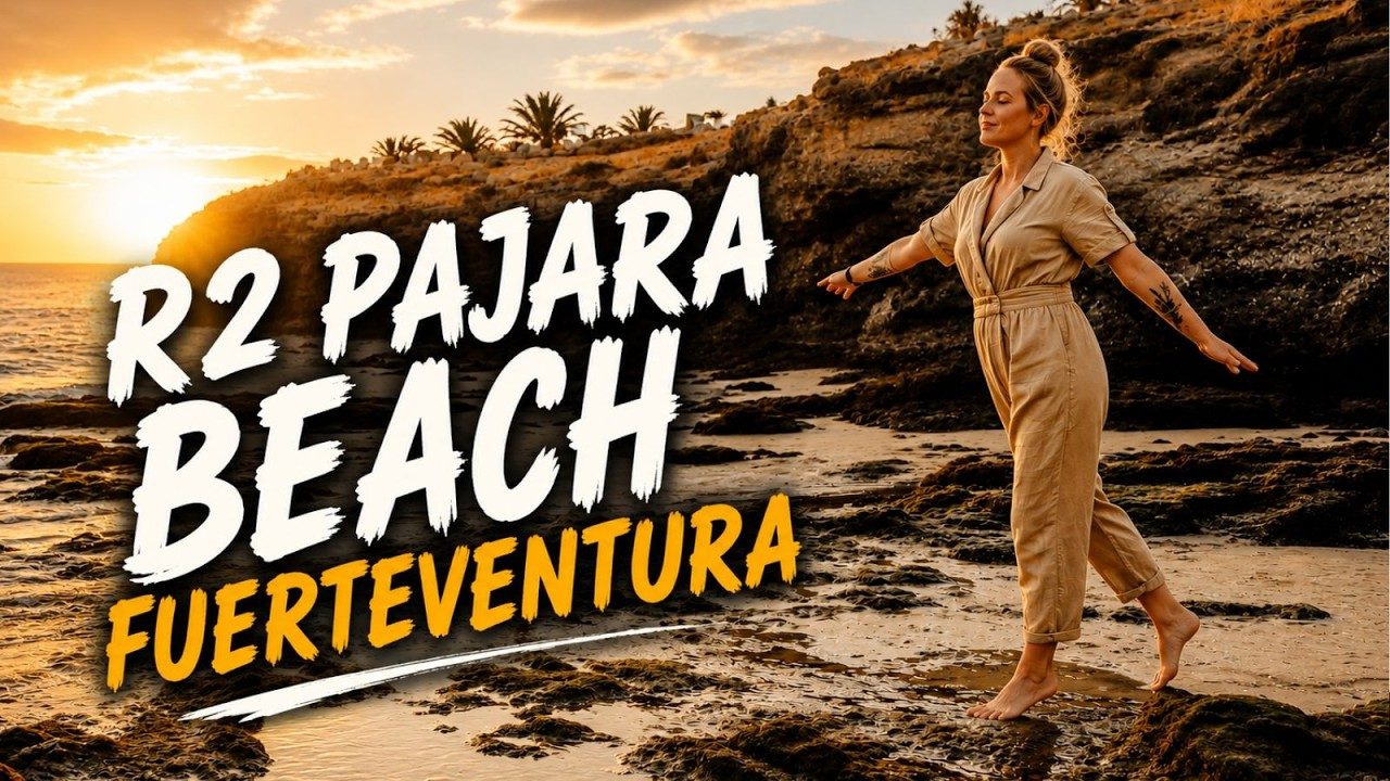 Frau steht am R2 Pajara Strand auf Fuerteventura, umgeben von Felsen und Sonnenuntergang.
