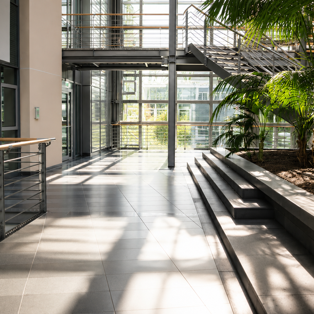 Heller Innenraum mit Treppe, Fensterfront und Pflanzen.