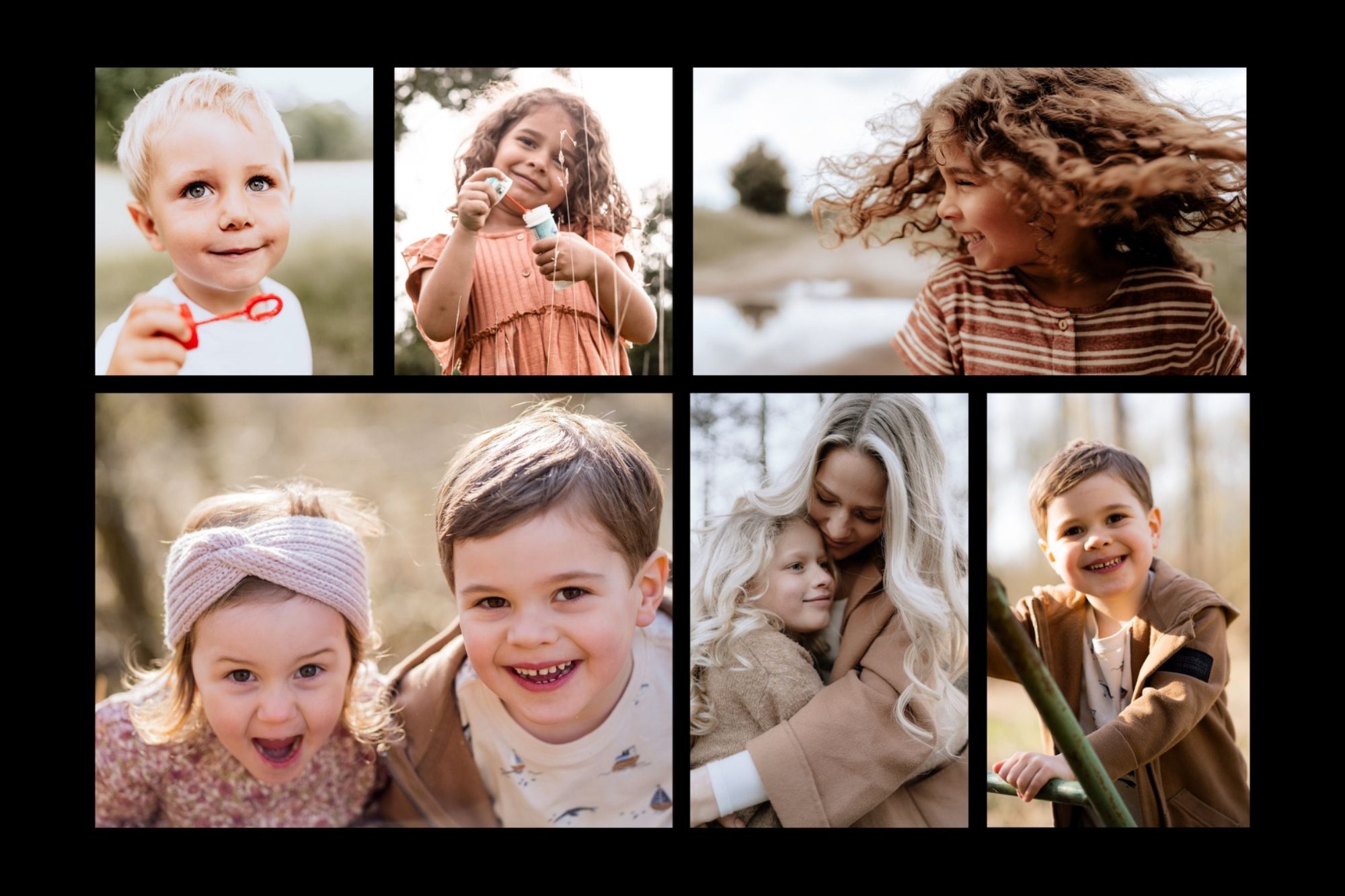 Collage aus lächelnden Kindern und Erwachsenen in verschiedenen Naturumgebungen.