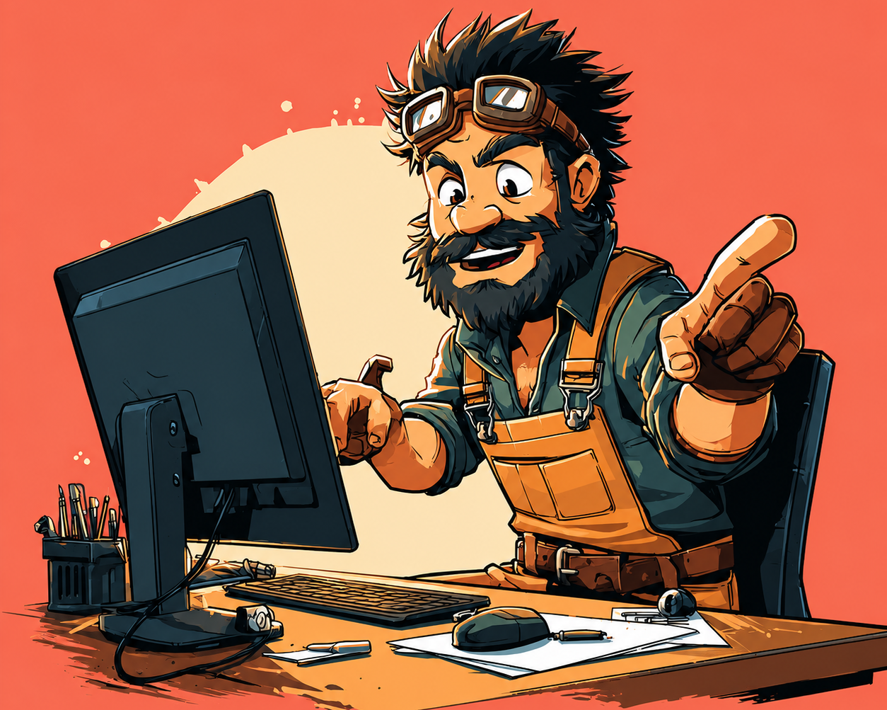 Ein fröhlicher Mann mit Bart und Brille sitzt an einem Computer und zeigt enthusiastisch auf den Bildschirm.