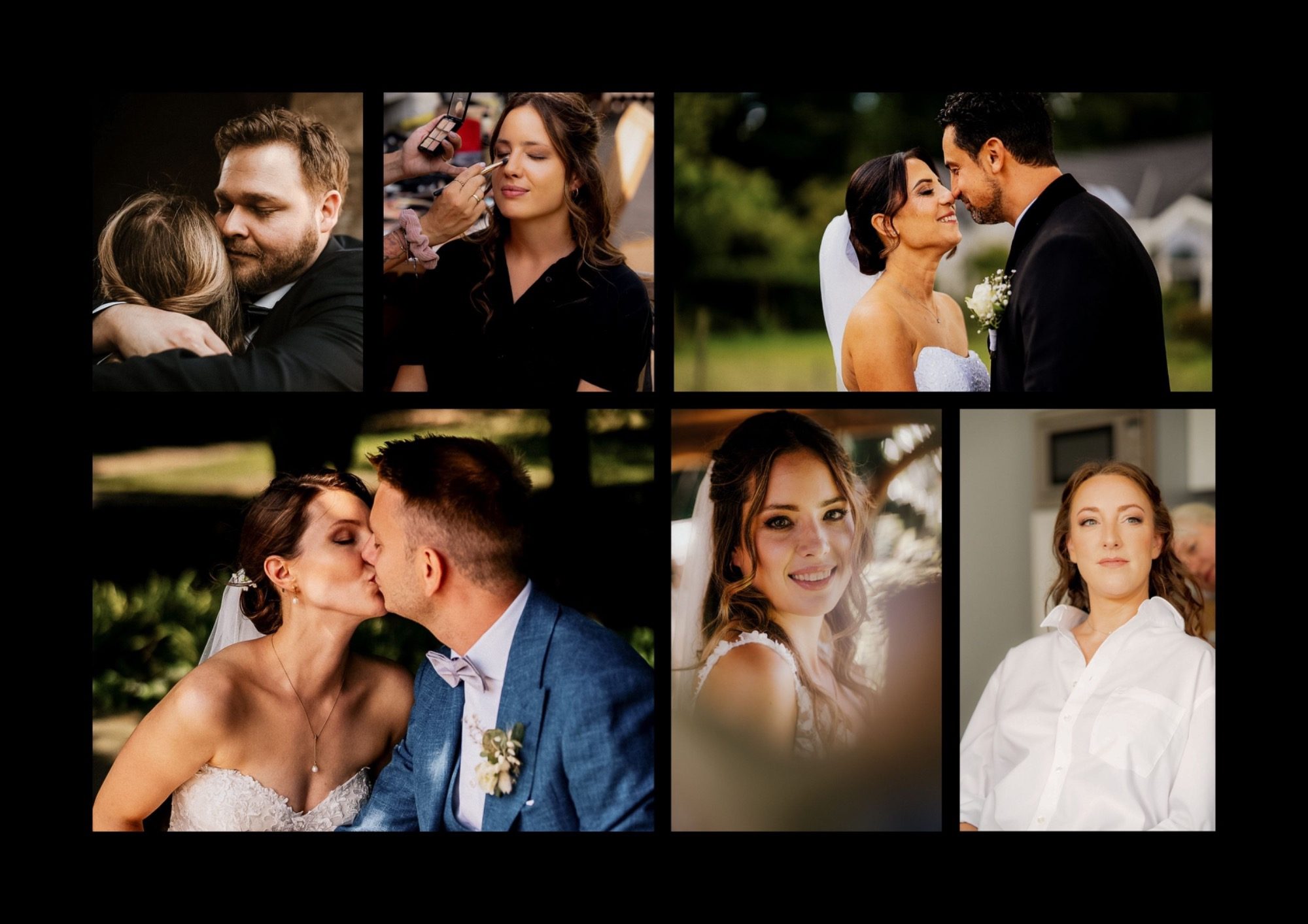 Collage von Hochzeitsaufnahmen: Paare, intime Momente und Hochzeitsvorbereitungen.
