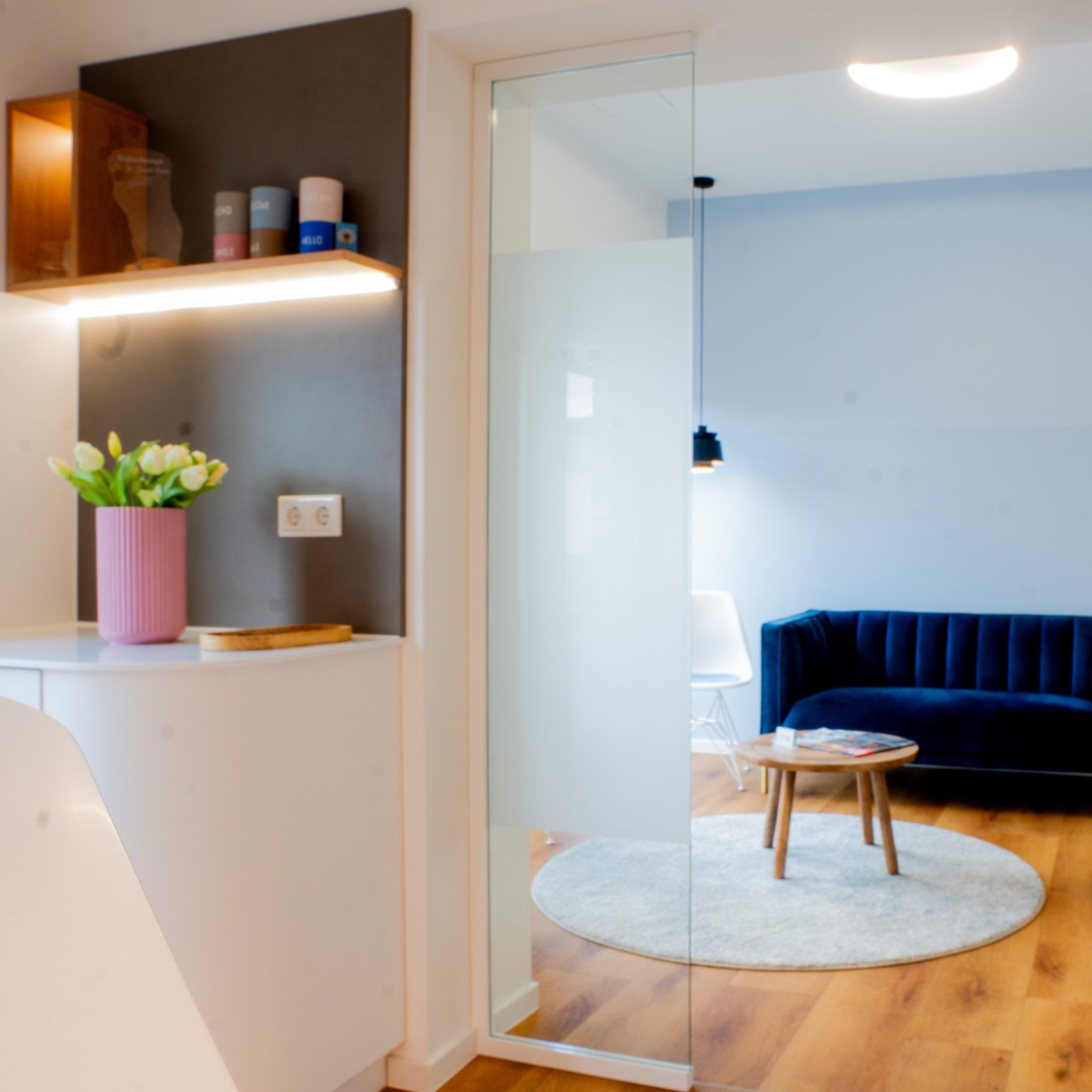 Moderne Innenansicht mit Glastür, blauer Couch und dekorativen Blumen.